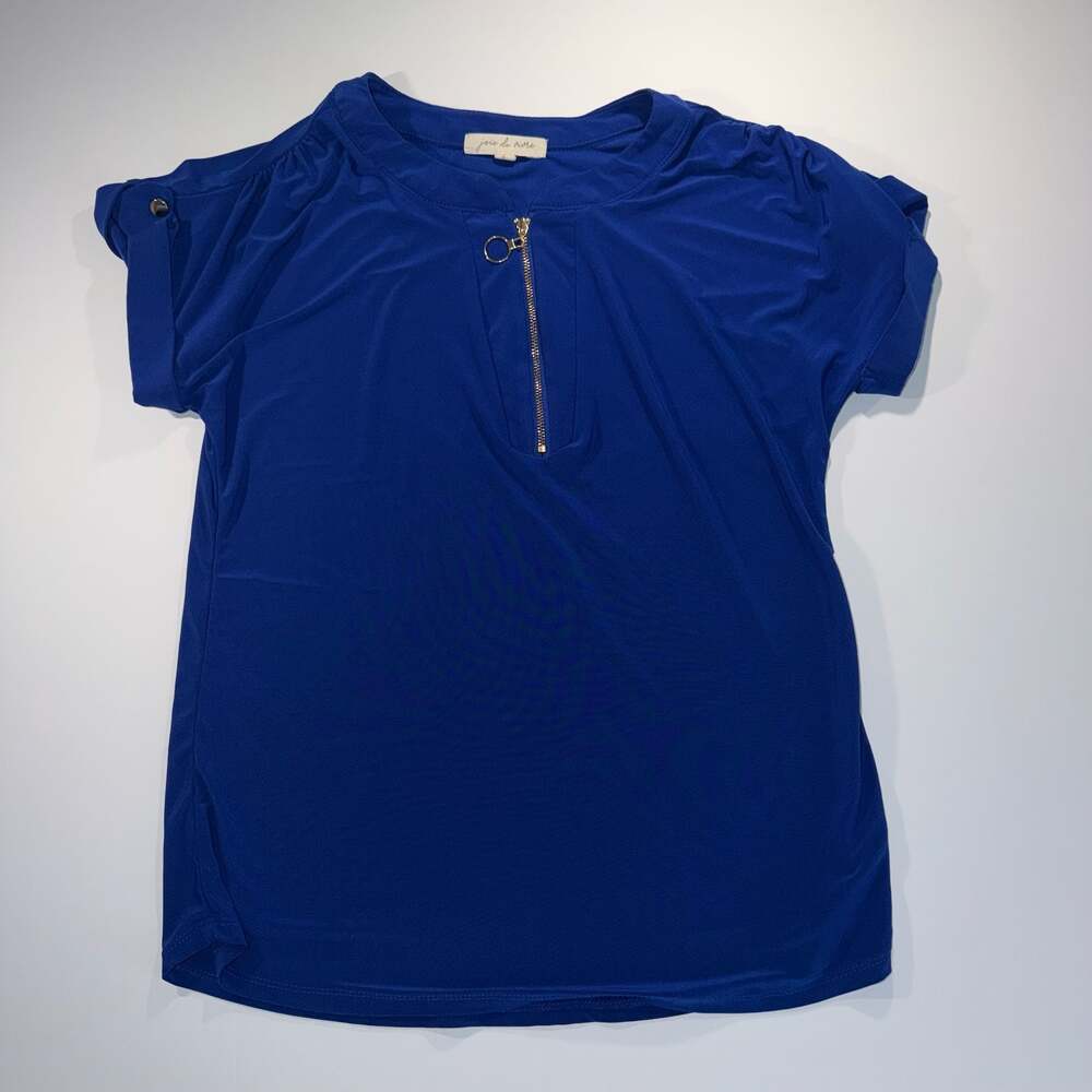 Joie de Vivre Blue Short Sleeve Zip-Neck Blouse